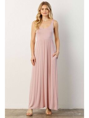Jersey Sleeveless Empire Waist Pocketed Maxi Dress In Dusty Rose